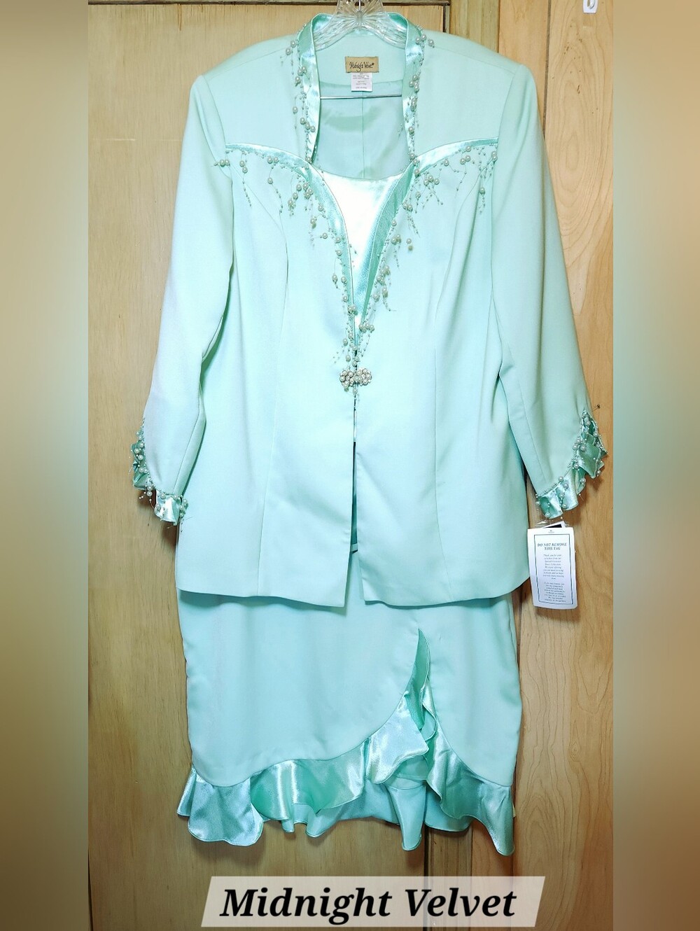 Vtg Midnight Velvet Suit Dress Womens Sz 20 Mint Green 3 Pc Jacket Top Skirt